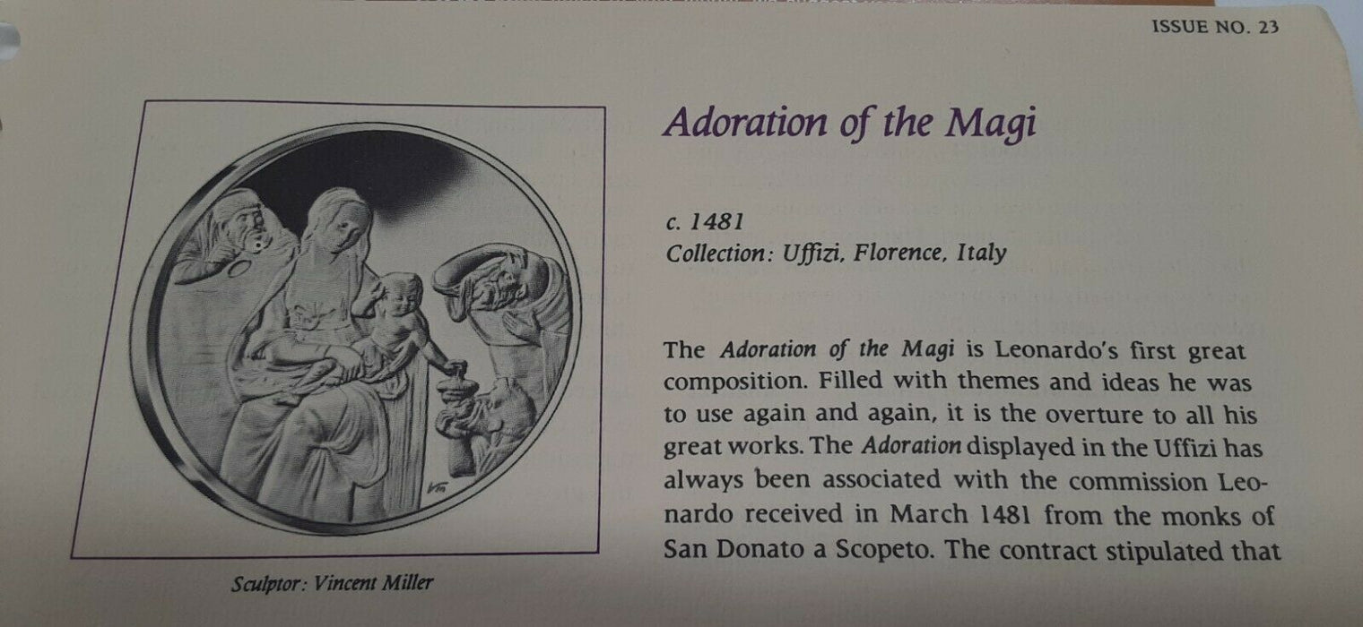Franklin Mint Genius/DaVinci PF Gold Plated .925 Silver Medal-Adoration/Magi