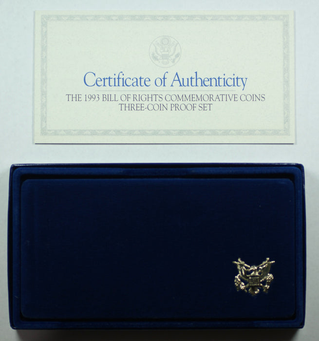 1993 Bill of Rights 3 Coin Proof Set, w/ Gold & Silver, by US Mint In Box, COA