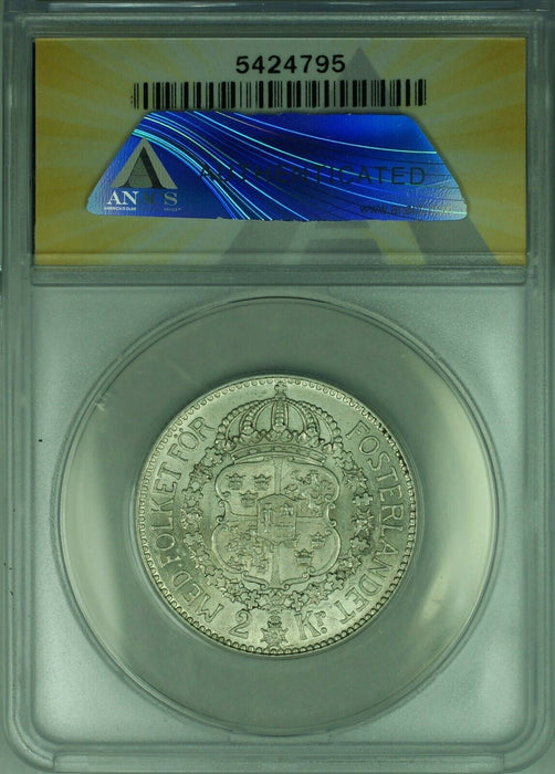 1910-W Sweden 2 Kronor Silver Coin ANACS AU-50