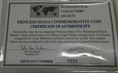 1997 Republic of Liberia 5 Dollar Coin Princess Diana Wedding Day w/COA