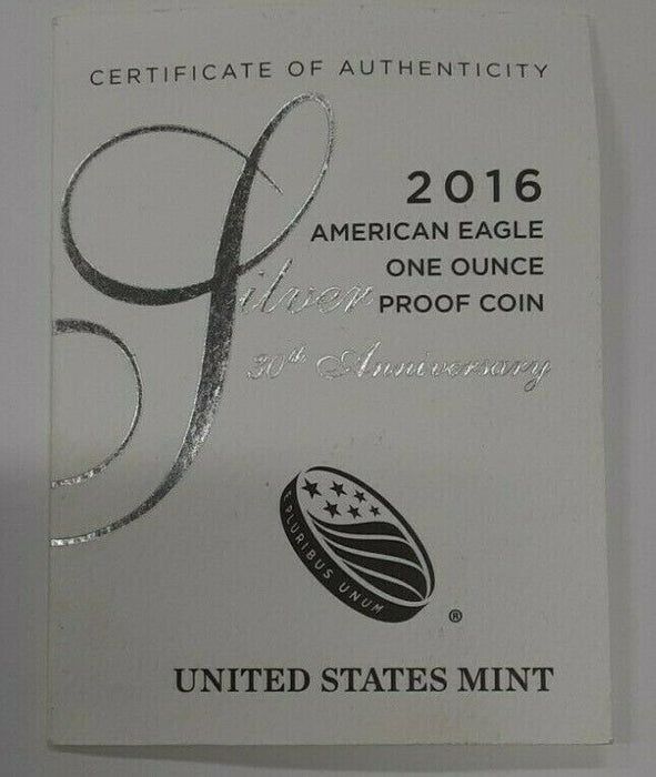 2016-W Proof American Silver Eagle S$1 1 Oz Troy .999 Fine in OGP With COA