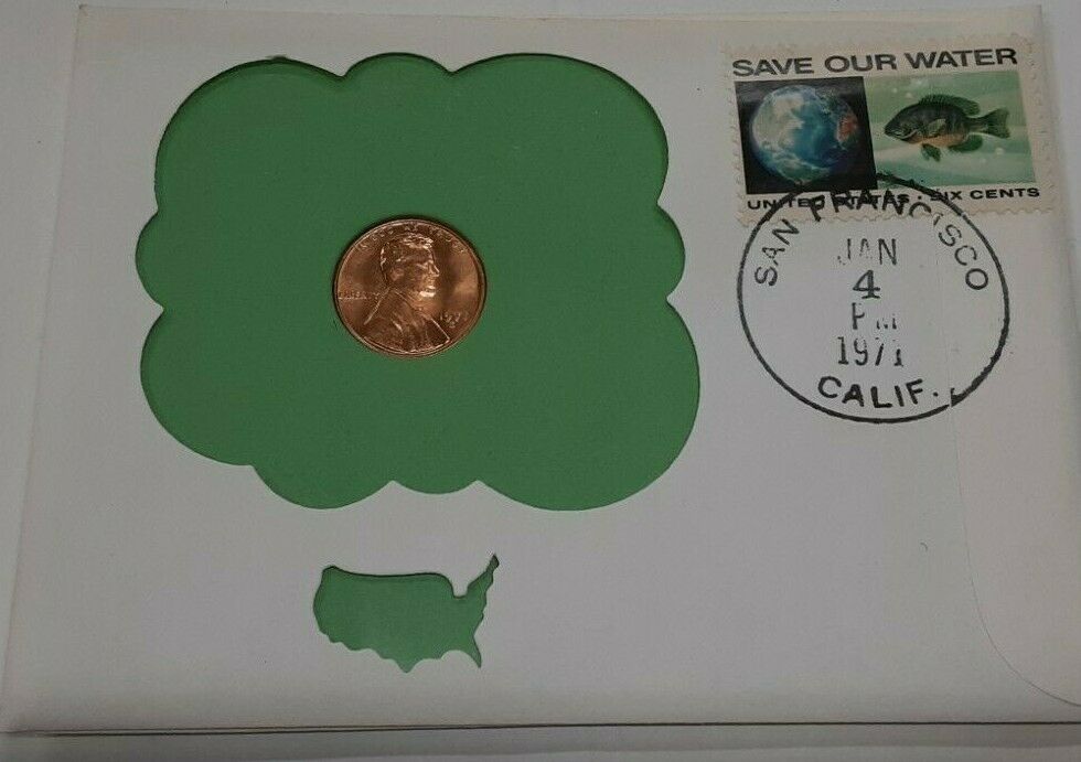 1971-S US BU One Cent Coin W/Save Our Water Stamp in First Day Cover