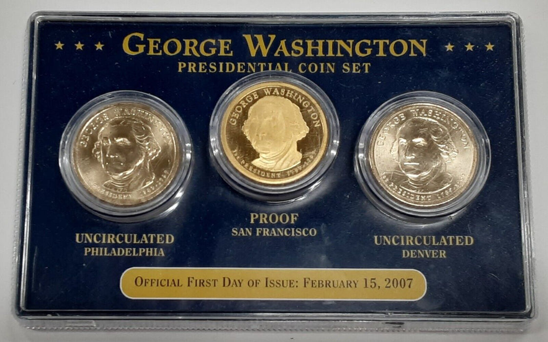 2007 George Washington Presidential Dollar 3 Coin Set First Day of Issue