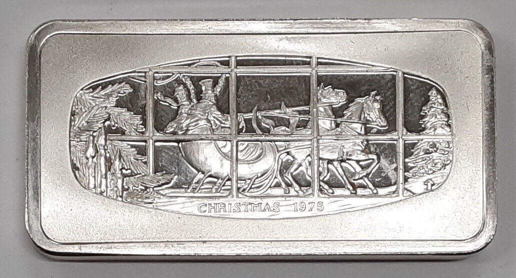 1975 Franklin Mint 500 Grain Sterling Silver Christmas Ingot Horses/Sleigh