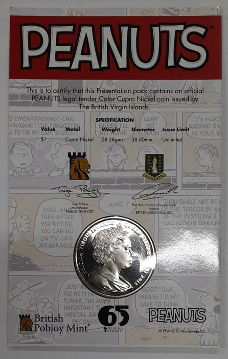 2015 British Virgin Islands 65th Anniversary Peanuts Comic Strip 1$ Coin in Card