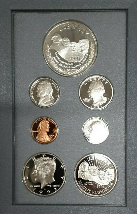 1991-S Prestige Set 7 Gem Proof Coins Mt. Rushmore Silver $1 in US Mint OGP