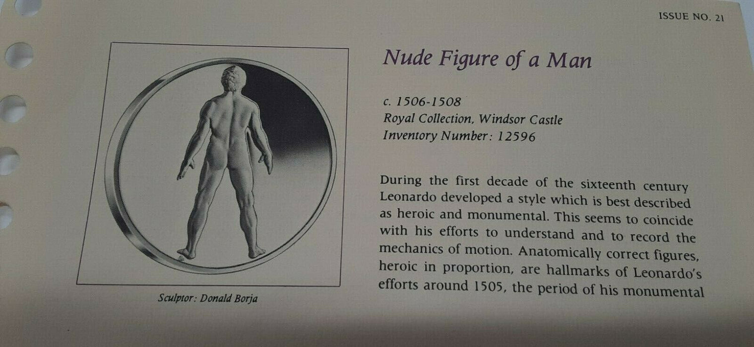 Franklin Mint Genius/DaVinci PF Gold Plated .925 Silver Medal-Nude Figure/Man