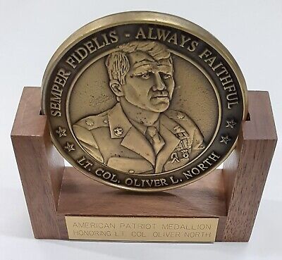 Oliver North American Patriot Bronze 3.25 Inch Diameter Medal W/Stand & Box