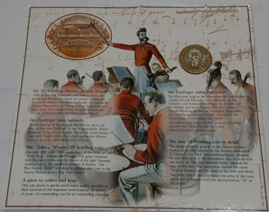 1999 Austria BU 50 Schilling Johann Strauss Commem Coin in Austrian Mint Folder