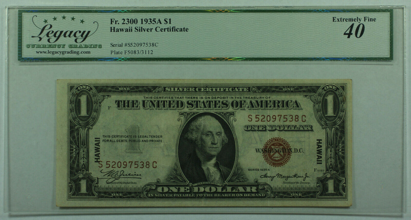 1935-A One Dollar Hawaii Silver Certificate $1 Fr. 2300 Legacy XF-40