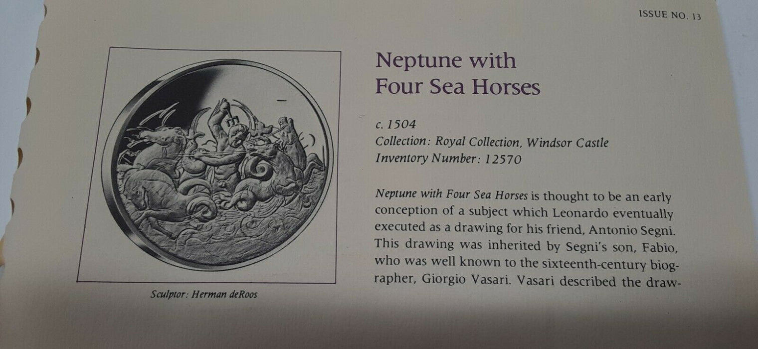 Franklin Mint Genius/DaVinci PF Gold Plated .925 Silver Medal-Neptune/Sea Horses