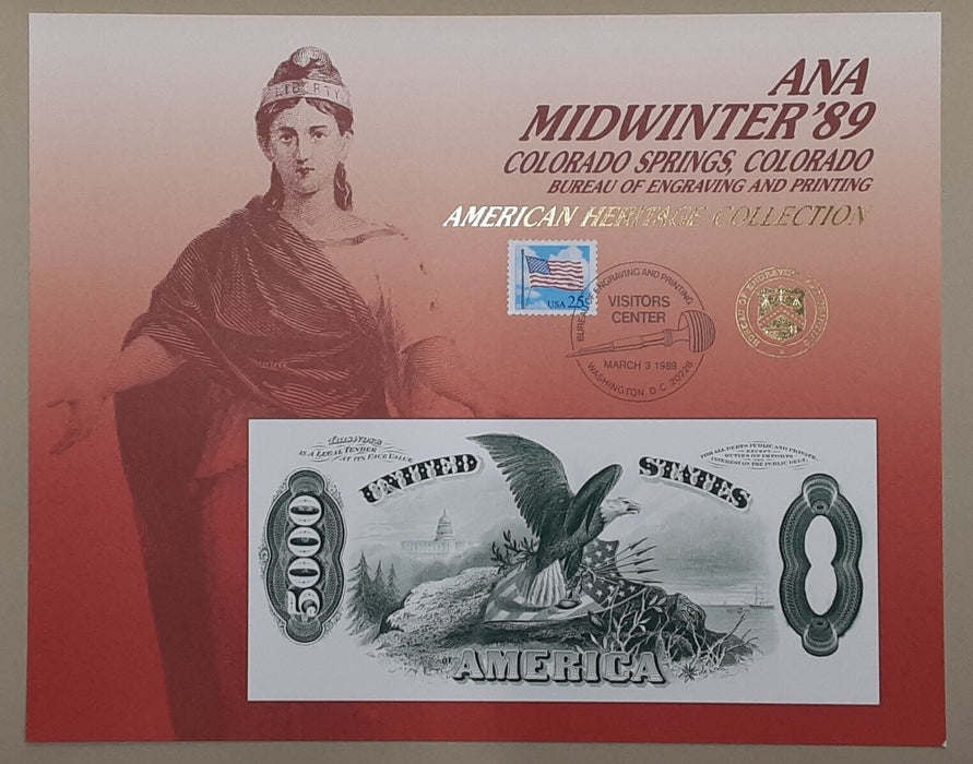 BEP Souvenir Card B 124 ANA Midwinter 1989 back 1878 $5000 Vis. Ctr. Cancelled