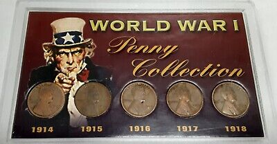 1914-1918 WWI Penny Set - 5 Circulated Coins Total in Plastic Holder
