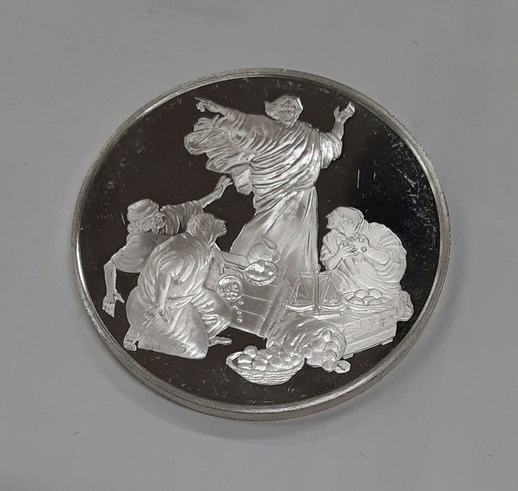 Franklin Mint Life of Christ .925 Silver Medal by Benvenuti-Cleansing of Temple