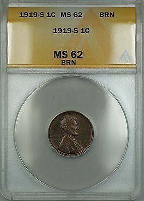 1919-S Lincoln Wheat Cent 1c ANACS MS-62 BRN Brown (Better Coin) ETR