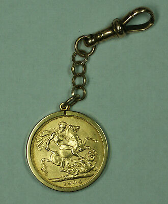 1904 British Gold Sovereign Coin in 9K Gold Bezel Pocket Watch Fob