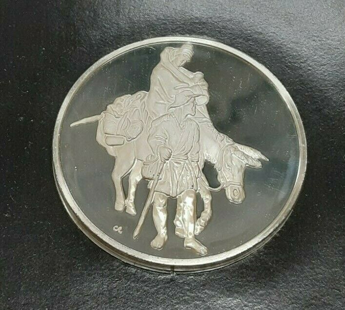 Franklin Mint Genius/Rembrandt PR .925 Silver Medal-Flight Into Egypt in Card