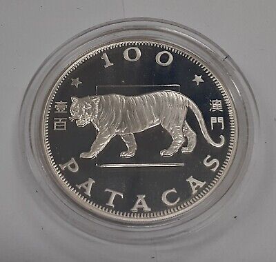 1986 Macau Sterling Silver 100 Patacas Year of the Tiger Coin - Proof in Case