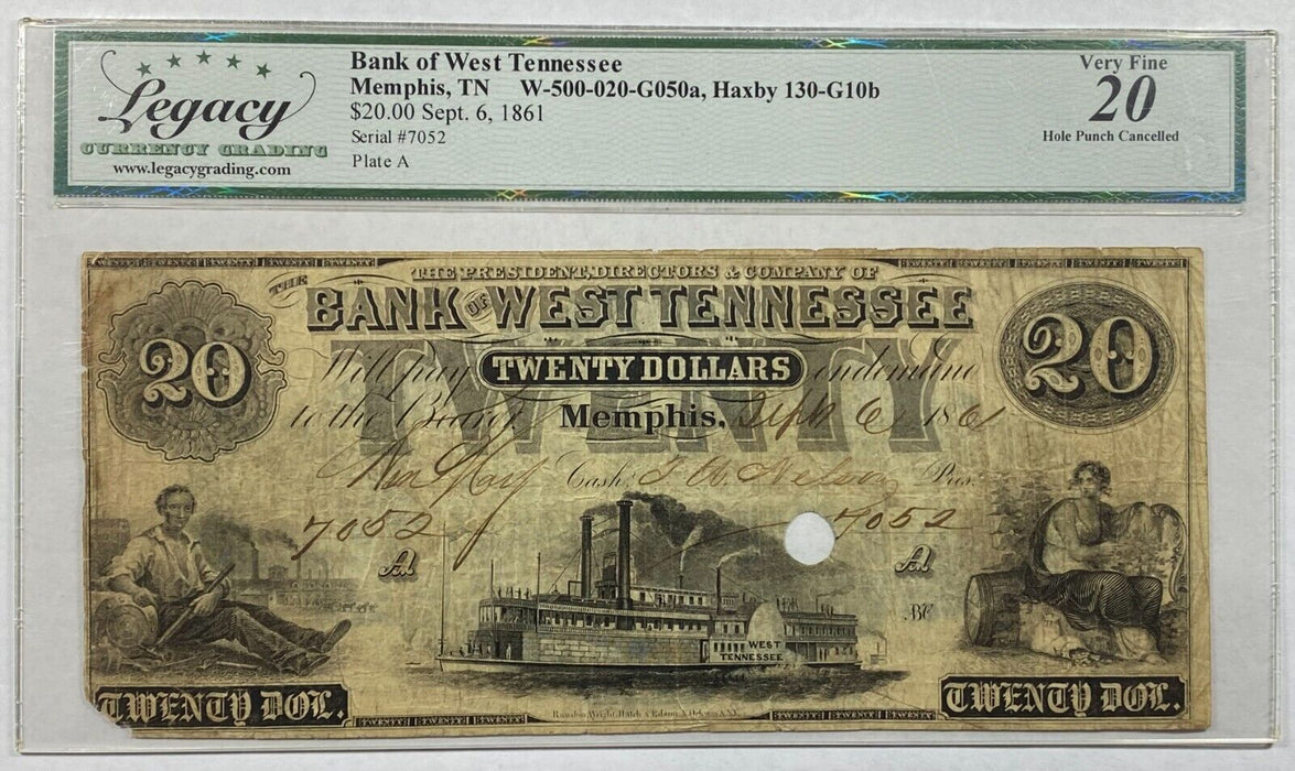 1861 $20 Bank of West Tenn @ Memphis Haxby 130-G10b Legacy VF-20 w/Comments